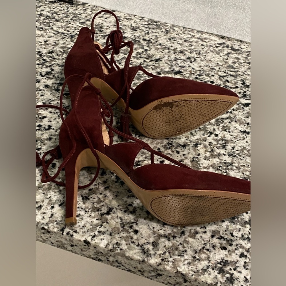 Jessica Simpson Suede Red Wine Burgundy High Heels Tie Up - Picture 7 of 9